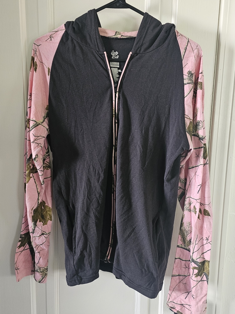Women's Lady Bell Light Weight Hooded Zip Sweatshirt with Pink Camo Sleeves